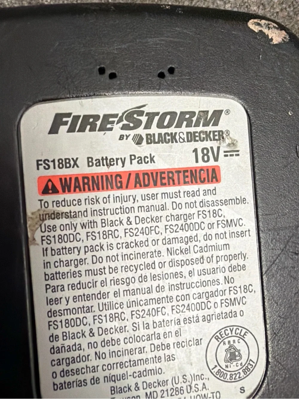 Genuine Black & Decker FS18BX 18V Battery Pack OEM NiCd With FS18C Charger